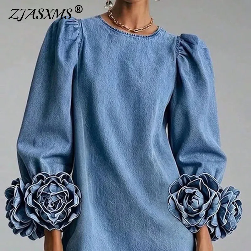 Damen-Minikleid mit Rundhalsausschnitt, Puffärmeln, 3D-Rosenblüten-Dekor an den Manschetten, kurzes, schlichtes Kleid, lässig, elegant, schick, einfarbig, für Partys.