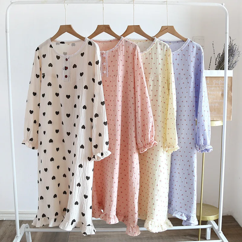 Spring and Autumn Ladies Long Dress 100% Cotton Crepe Ladies Nightdress Thin Long Sleeve Skirt Casual Home Skirt Women Sleepwear