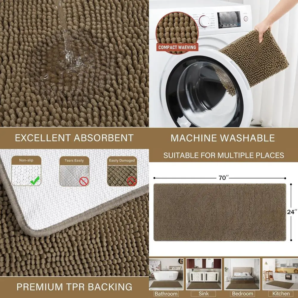 

Коврик для ванной Shag 24x70 дюймов, моющийся, нескользящий, плюшевый, из шенилла, впитывающий, цвет бежевый