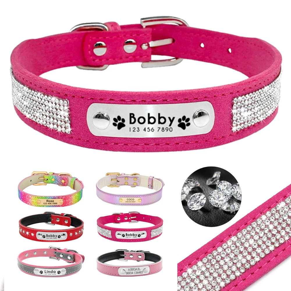 Personalized Dog Cat Collar Adjustable Cat Crystal Collars Anti-lost Leather Puppy Cats Necklace Bowtie Rhinestone Accessories