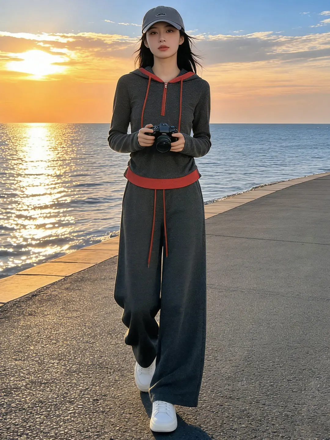 

Стильный повседневный спортивный костюм для женщин: облегающие брюки с высокой талией и широкими штанинами, комплект из двух предметов, весна 2026, удобный, с длинным рукавом