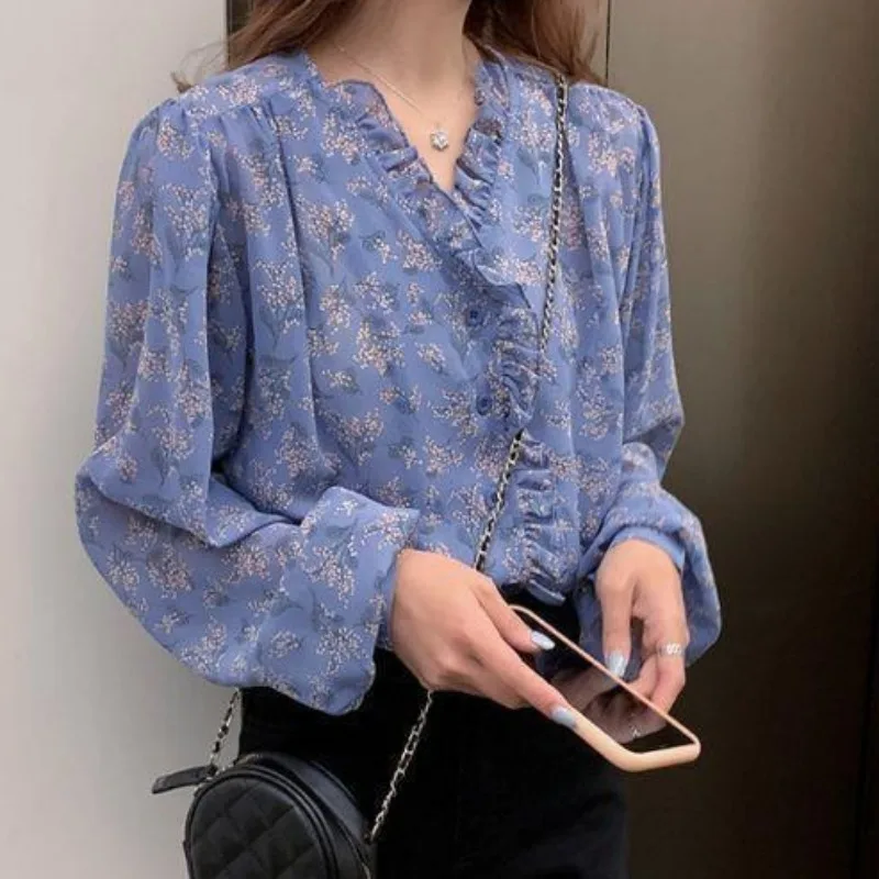 Blusas Autumn Sweet Chiffon Blouse Women Puff Sleeve Korea Women Tops and Blouses Slim Cardigan Print Floral Women Shirts 10314