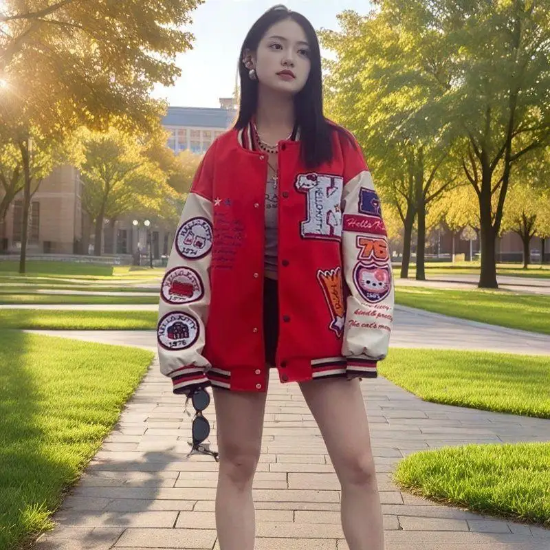 Sanrio New Style Baseball Uniform Hello Kittys Amerikanische Jacke Frühlings- und Herbststil Lose Mode Cartoon Jacke Paar Stil