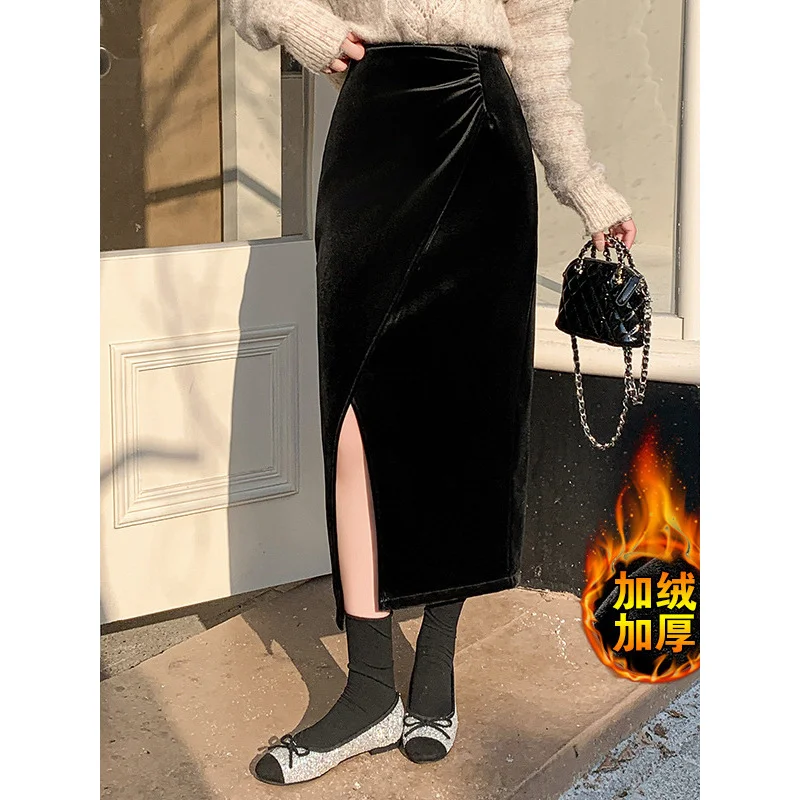 Velvet Skirt Women2024New Autumn and Winter Split Fleece-lined Skirt Small Slimming Thickened Suit Straight Skirt