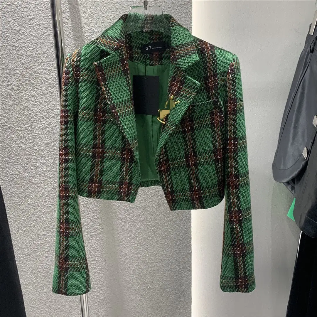 Chic primavera autunno donna plaid corto abiti giacca dimagrante Retro blazer a scacchi cappotto Weave OL Cardigan Turn Down Collar Tops