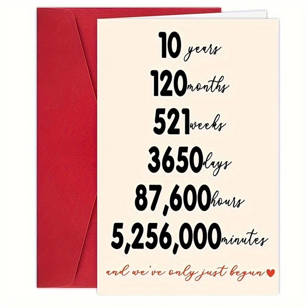 1pc,Happy Tenth Anniversary Card for Him Her, Romantic 10 Years Married Aday Gift for Husband Wife, Best Ten Years Together Gift