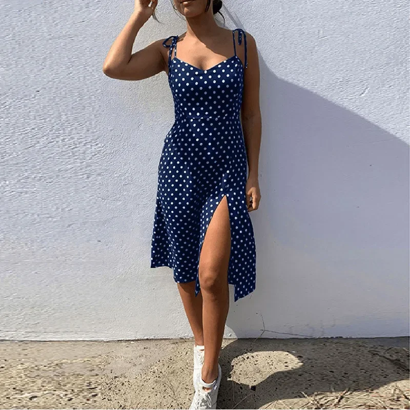 

Women Sexy Spaghetti Strap Lace Up Polka Dot Split Hem Dress Backless Summer Streetwear Dresses Y2k Korean Elegant Vestidos Robe