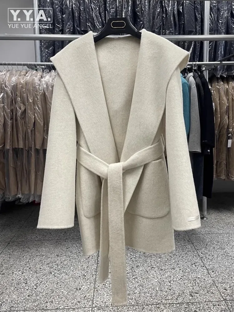 

Women Elegant Hooded Jacket Cloak Double Sided Cashmere Belt Mid Length Woolen Coat Autumn Winter Ladies Solid Color Outerwear