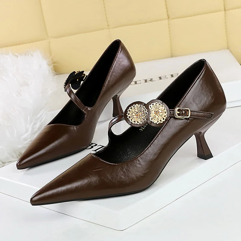 

Женские туфли-лодочки на высоком каблуке 6 см с одним ремешком на щиколотке, модные металлические туфли-лодочки на низком каблуке, женские модельные туфли с острым носком, красные винно-красные