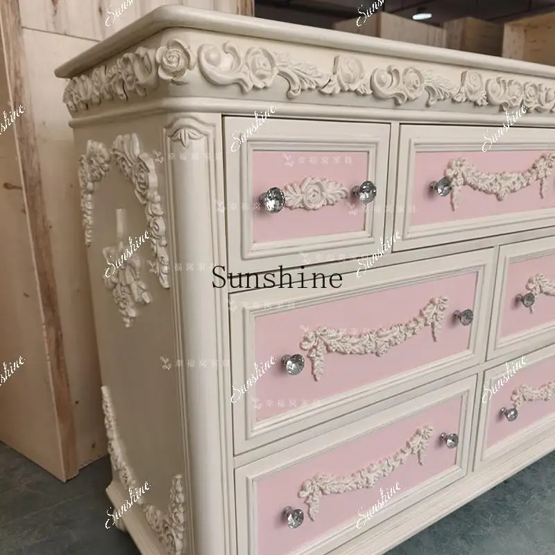 

French solid wood carving flower retro seven chest cabinet pink dressing decorative cabinet FT