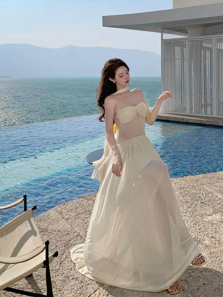 

Summer Beige High Waist Sleeveless Sexy Party Dress Women French Elegant Backless Vacation Pleated Strapless Long Dress Fashion