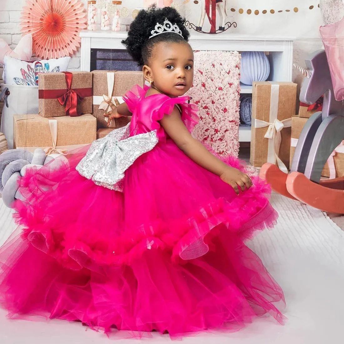 Po-Robes de demoiselle d'honneur, col en V, boule de tulle à plusieurs niveaux, quelque soit la reine de princesse, nœud décoratif, robe de fête d'anniversaire pour petites filles