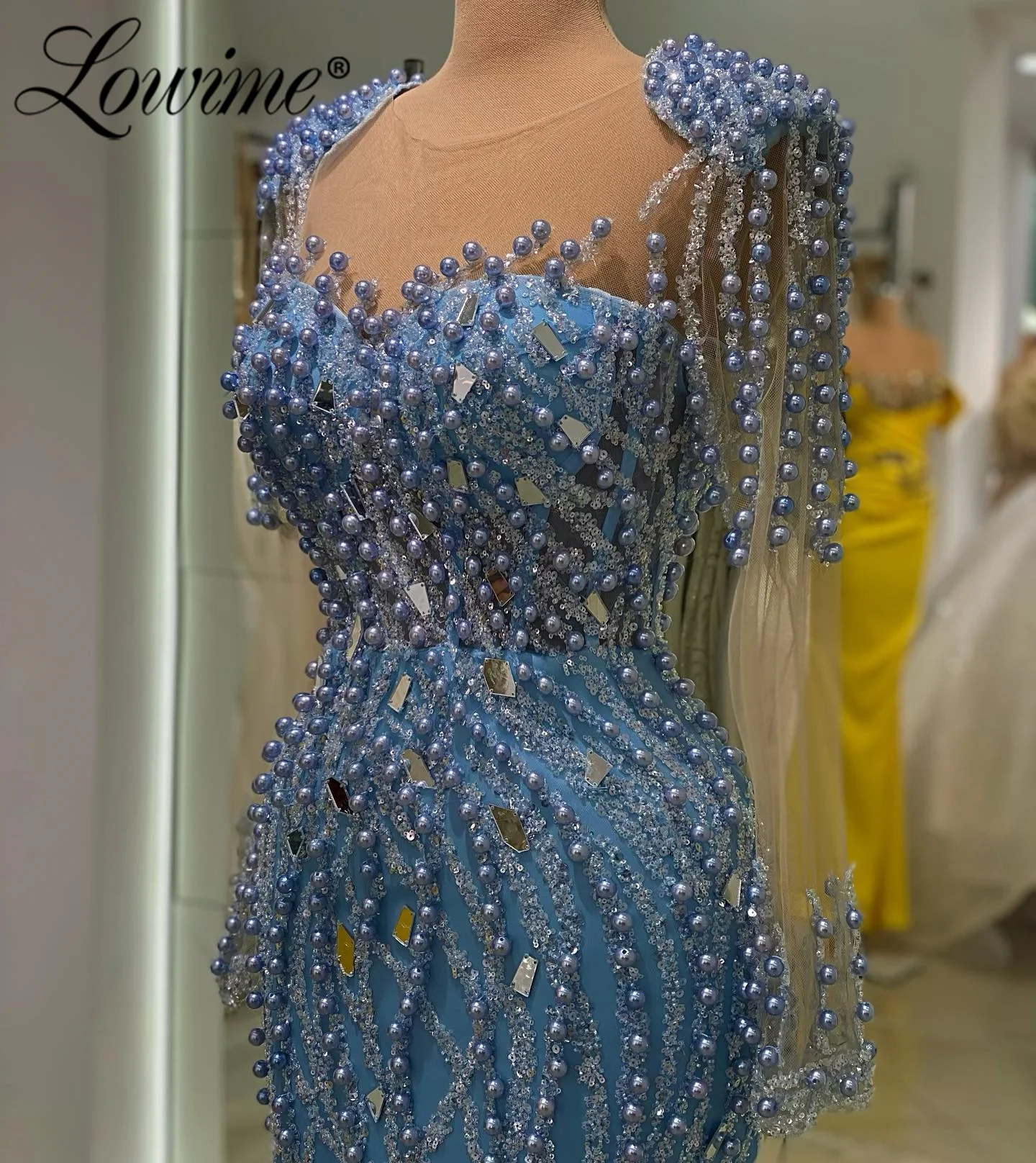 2023 Aso Ebi Blue Long Sleeve Beading Evening Gown Formal Occasion Party Dresses Crystal Sequins Mermaid Engagement Dress Custom