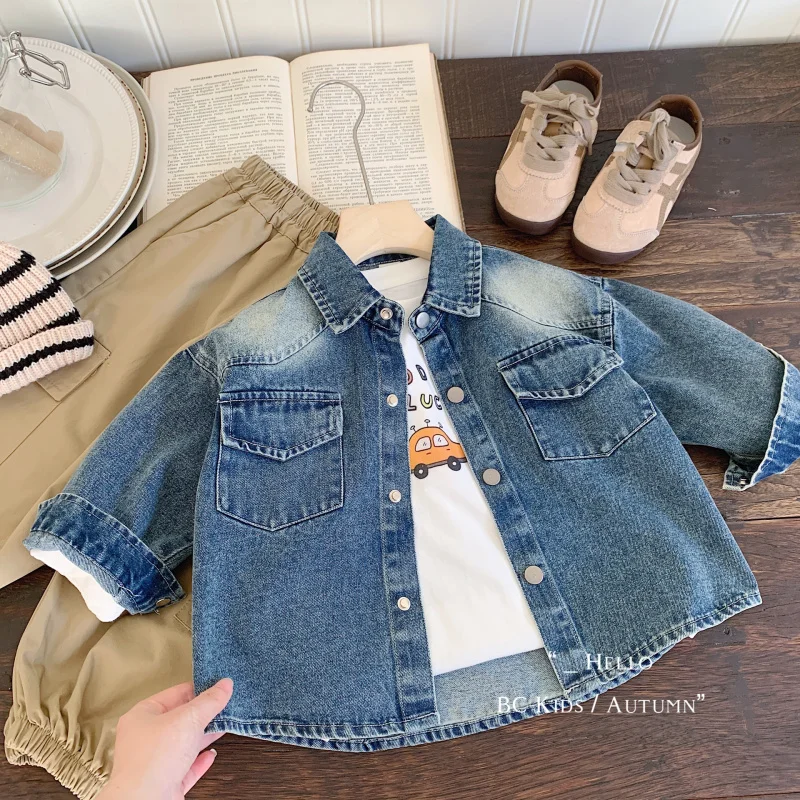 

Children's Denim Shirt2024Autumn New Solid Color Children Western Style All-Matching Coat Shirt G0317