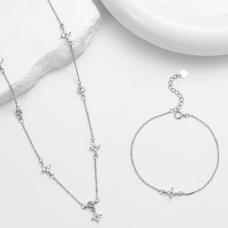 ANENJERY Four-leaf Flower Zircon Chain Jewelry Sets With Necklace Bracelet Earring for Women Light Exquisite Trendy Jewelry Gift