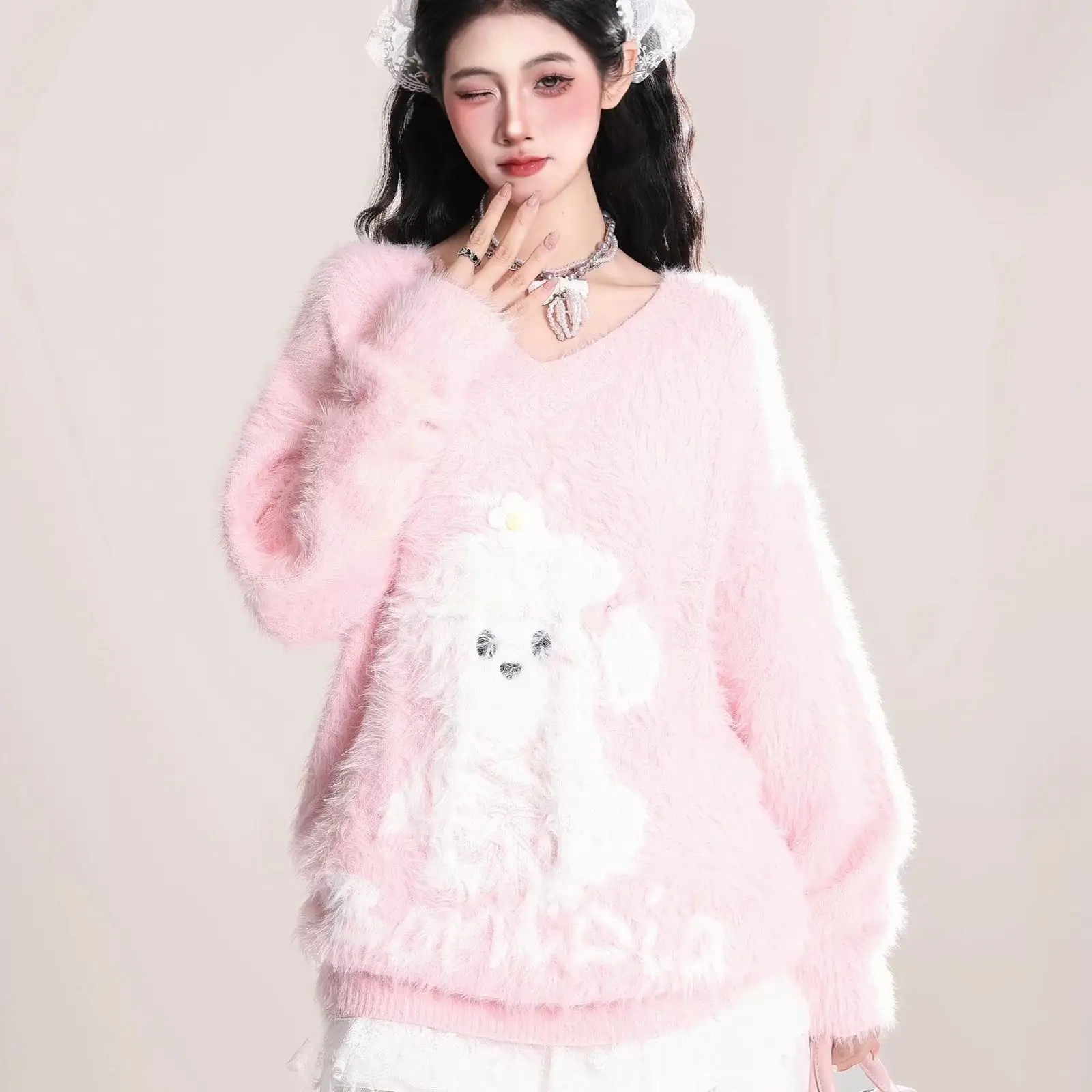 Y2k Japanese Sweaters Kawaii Women V-Neck Sweater Puppy Pattern Long Sleeve Casual Style Pullover Spring Autumn Harajuku