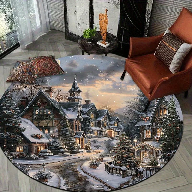 A 2D Winter Village Round Mat for The Home, Lightweight, And Machine Washable. It Features a Cozy Christmas Scene, Perfect for The Living Room, Bedroom, And As a Holiday Gift for Family And
