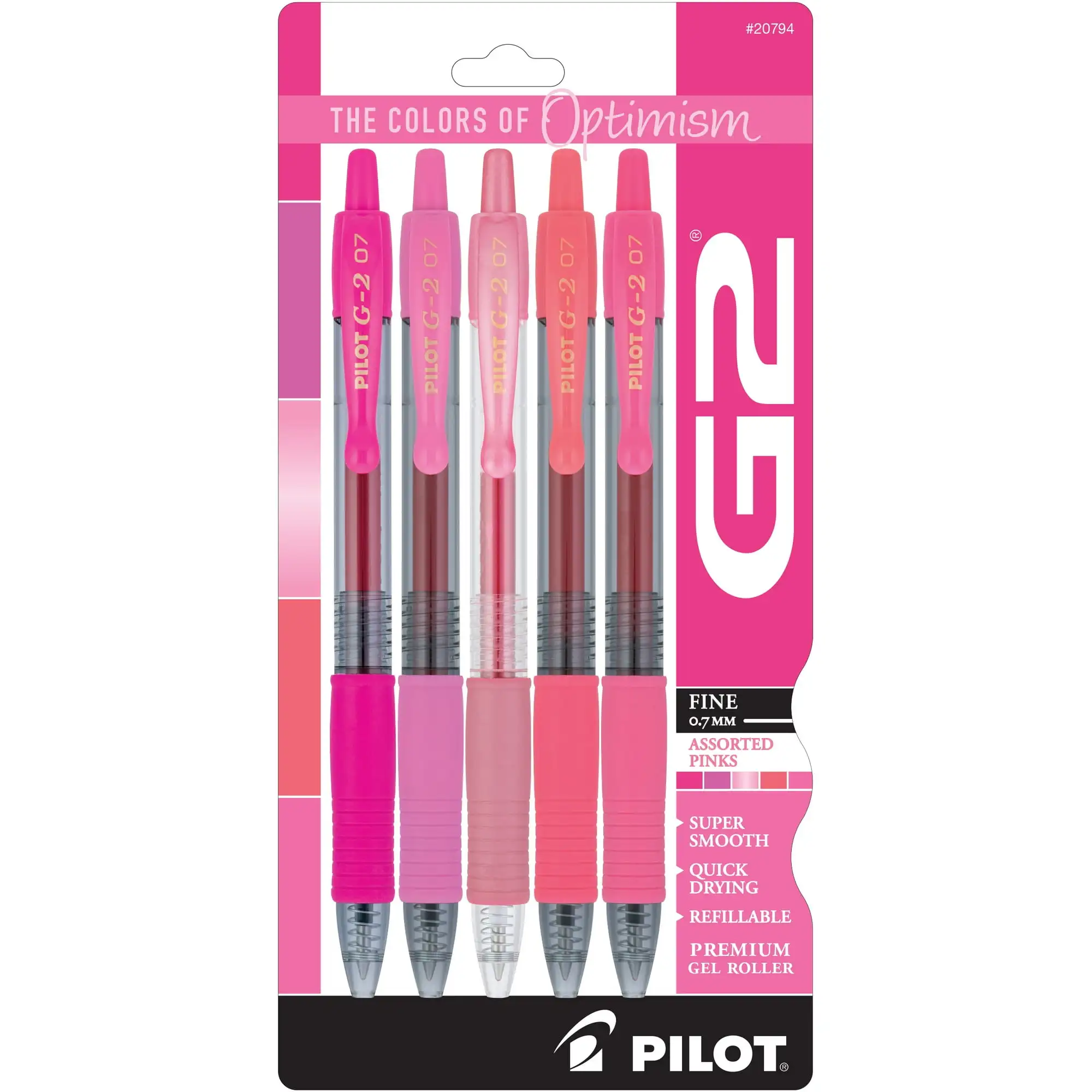 Pilot G2 Pink Premium Gel Pens, Fine Point, Assorted Ink, 5 Count