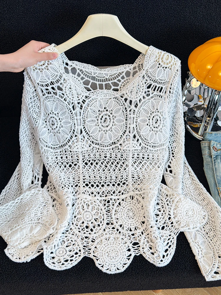 Women's Long Sleeve Knitted Sweater Hollow out Design Summer Outerwear Sun Protection Loose Fit Stylish V-Neck Top