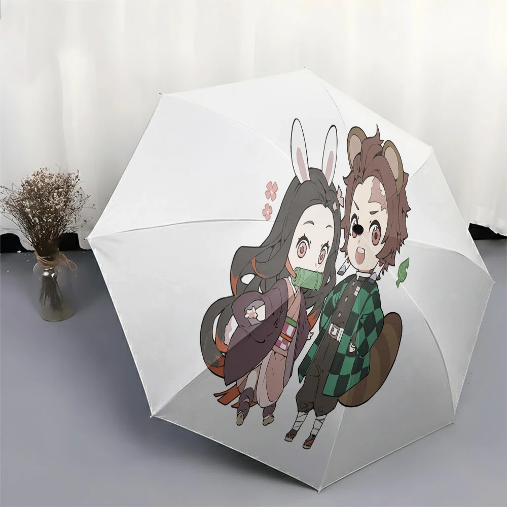 

Demon Slayer Kimetsu no Yaiba Nezuko Kamado (Bunny Ears) & Tanjiro Kamado (Tanuki Ears) Chibi Cute Print White Folding Umbrella