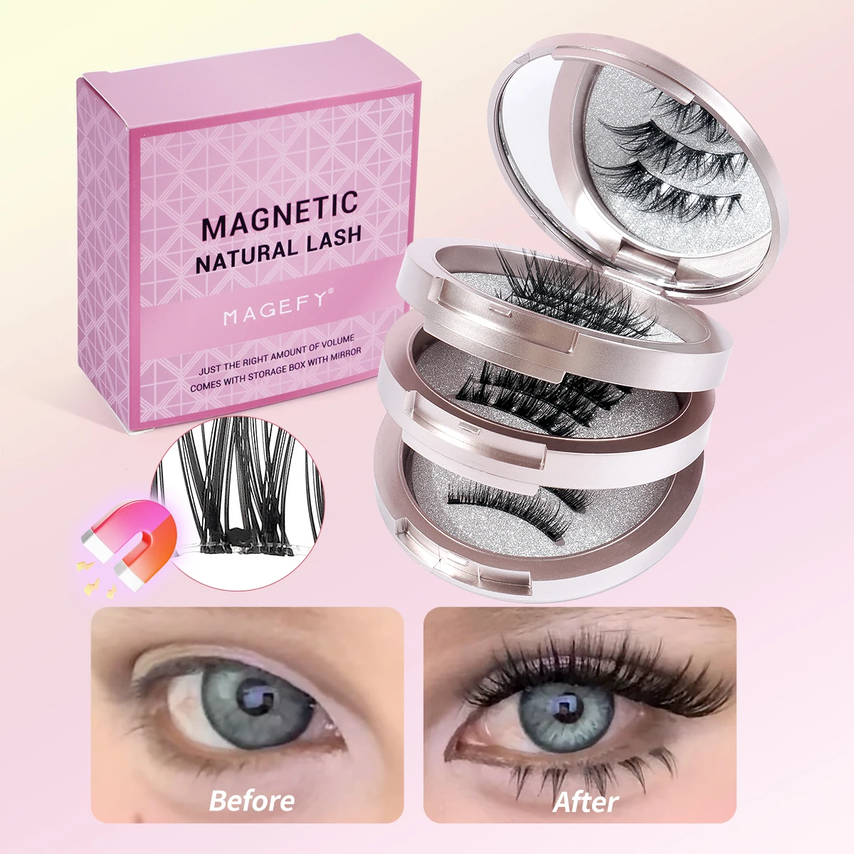 MAGEFY pestañas magnéticas reutilizables 3 pares de pestañas postizas magnéticas naturales rizadas naturales sin pegamento con aplicador fácil de usar