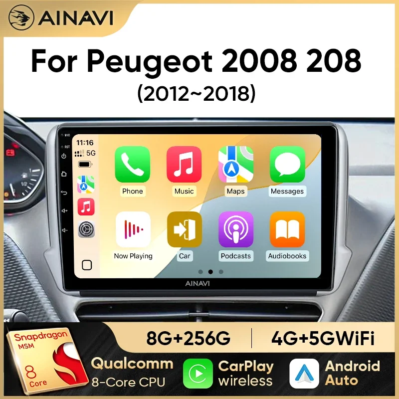 Ainavi Autoradio für Peugeot 2008 208 2012-2018 Multimedia-Player Navigation GPS Wireless Carplay Android Auto Stereo Kein 2Din
