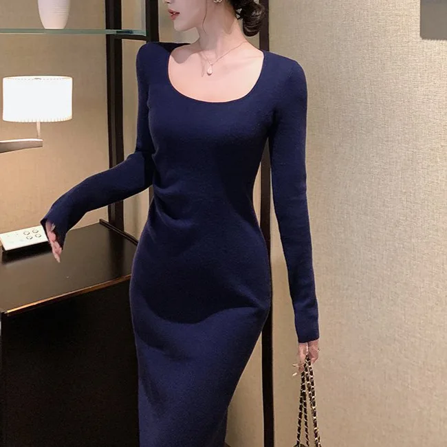 7818 Autumn Winter 14 Needle High Twist Cotton Not Easy To Deform~Square Collar Waist Pleated Split Hip Wrap Long Dress