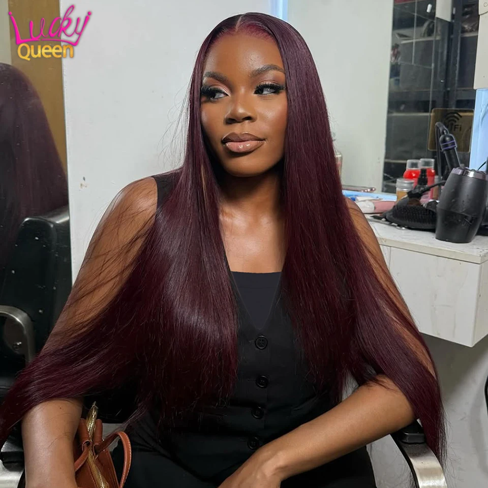 

Черные бордовые 32-дюймовые человеческие волосы 7X5 Бесклеевые прямые 99J 180 Плотность Предварительно выщипанные передние парики Бразильские волосы Прозрачное кружево 13X6