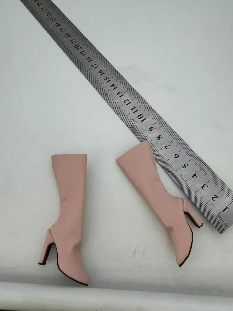 1/6 Scale Female Pink High-Heel Pu Leather Wide Mouthed Shoes Mid-calf Hollow Boots Model for 12