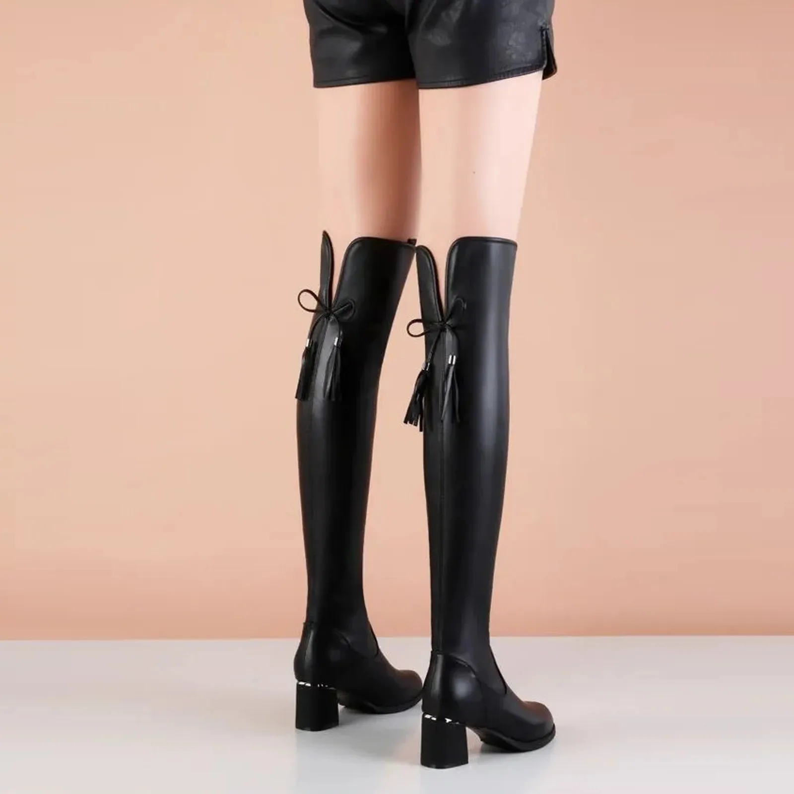 Black Long Boots For Women Fashion Square High Heel Over The Knee High Boots Winter Shoes Ladies Elegant Modern Long Boots