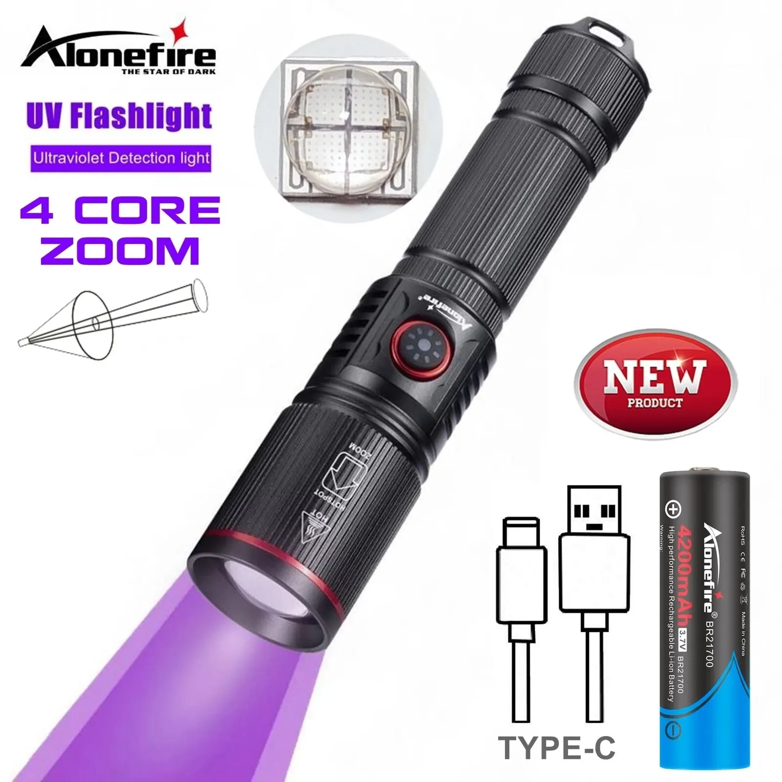 Zoom 20W LED High Power UV Flashlight 365/395nm Invisible Ink Marker Cat Dog Urine Tinea Ore Money Scorpion Fluorescence Light