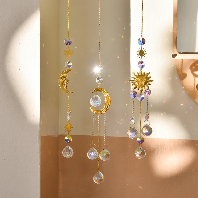 Gold Kristall Glas Anhänger Stern Mond Prisma Kugel Fenster Anhänger Home Beleuchtung Wohnzimmer Dekoration Windspiel Garten Licht Catc