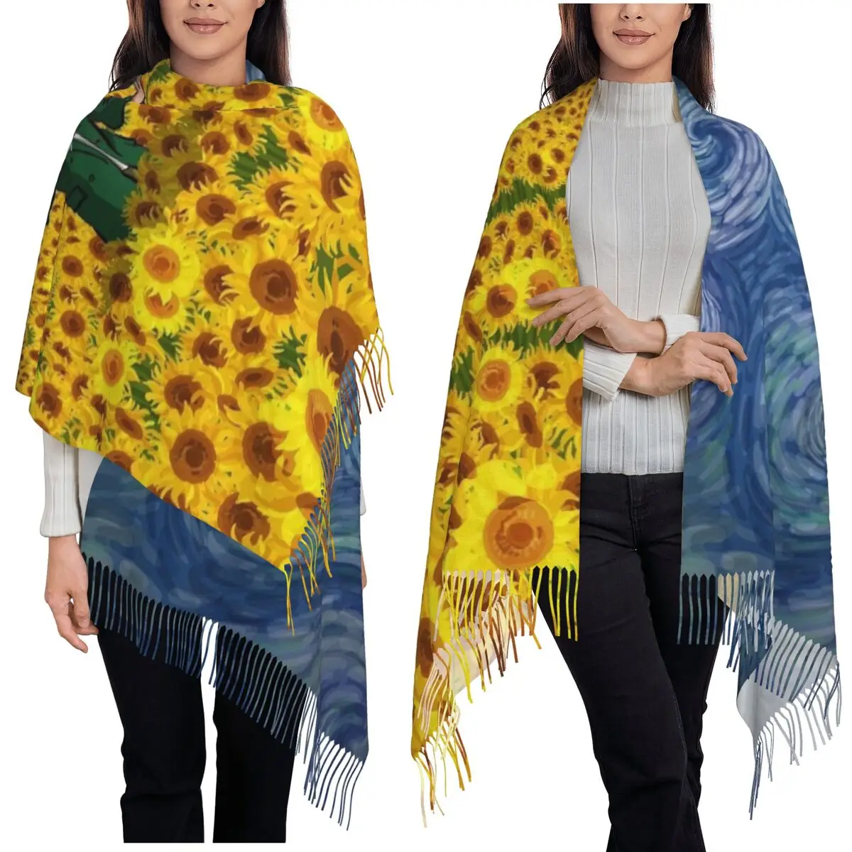 

Картина Винсента Ван Гога, шарф с кисточками, женские мягкие теплые шали и накидки, большая осенне-зимняя шаль