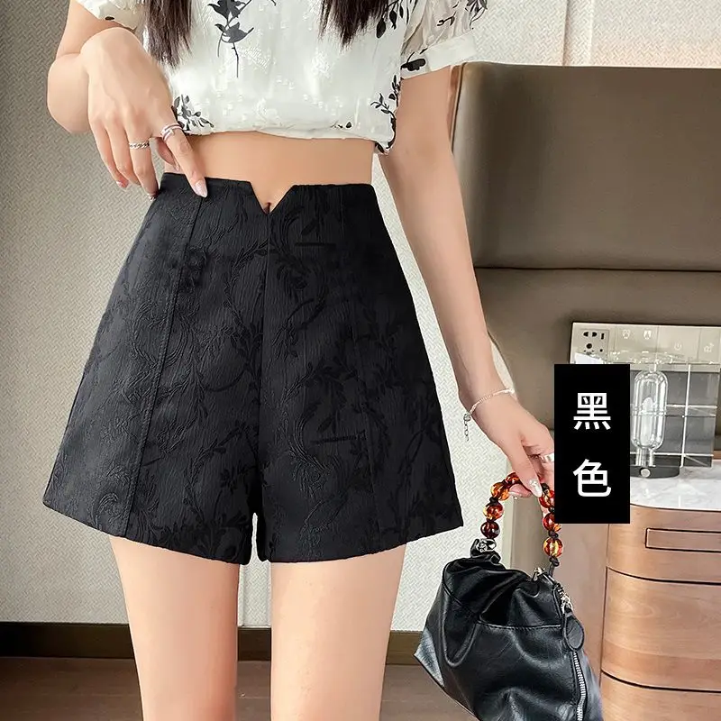 Summer Chinese Style Women High Waisted Slim Beige Black Dobby Flower Shorts , Woman Slim Jacquard Flower Shorts