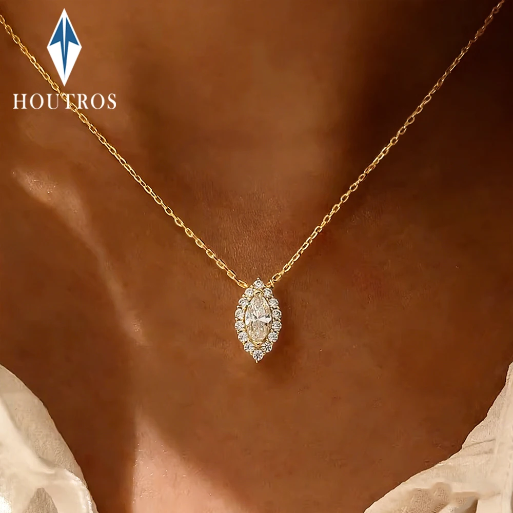 

1Carat Marquise Cut Full Moissanite Pendant Necklace 925 Sterling Silver Halo Diamond Drop Neckchain for Women Fine Jewelry Gift