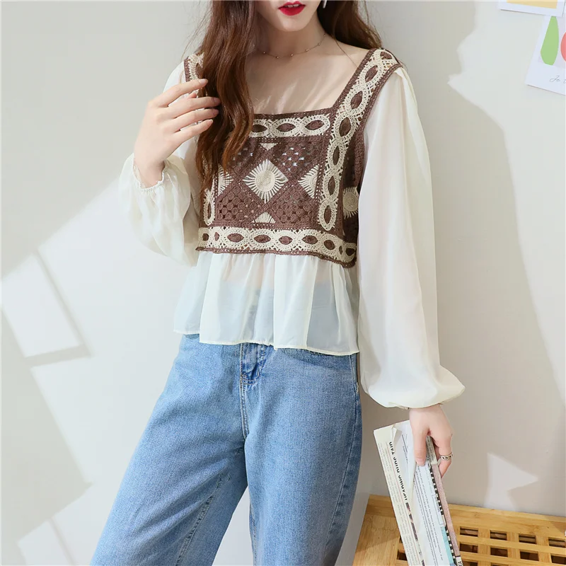 Women Blouse Crochet Knit Square Neck Chiffon Sleeve Geo Embroidery Crop Tops Summer Teen-girls Fairycore Cottagecore Outfit