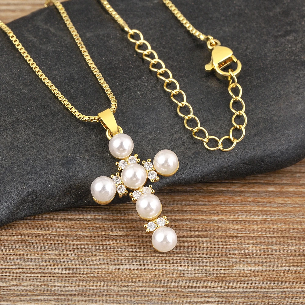 Nidin واضح كريستال الصليب القلائد للنساء النحاس الذهب مطلي اللؤلؤ الأبيض قلادة الدينية الكاثوليكية مجوهرات اكسسوارات هدية #3