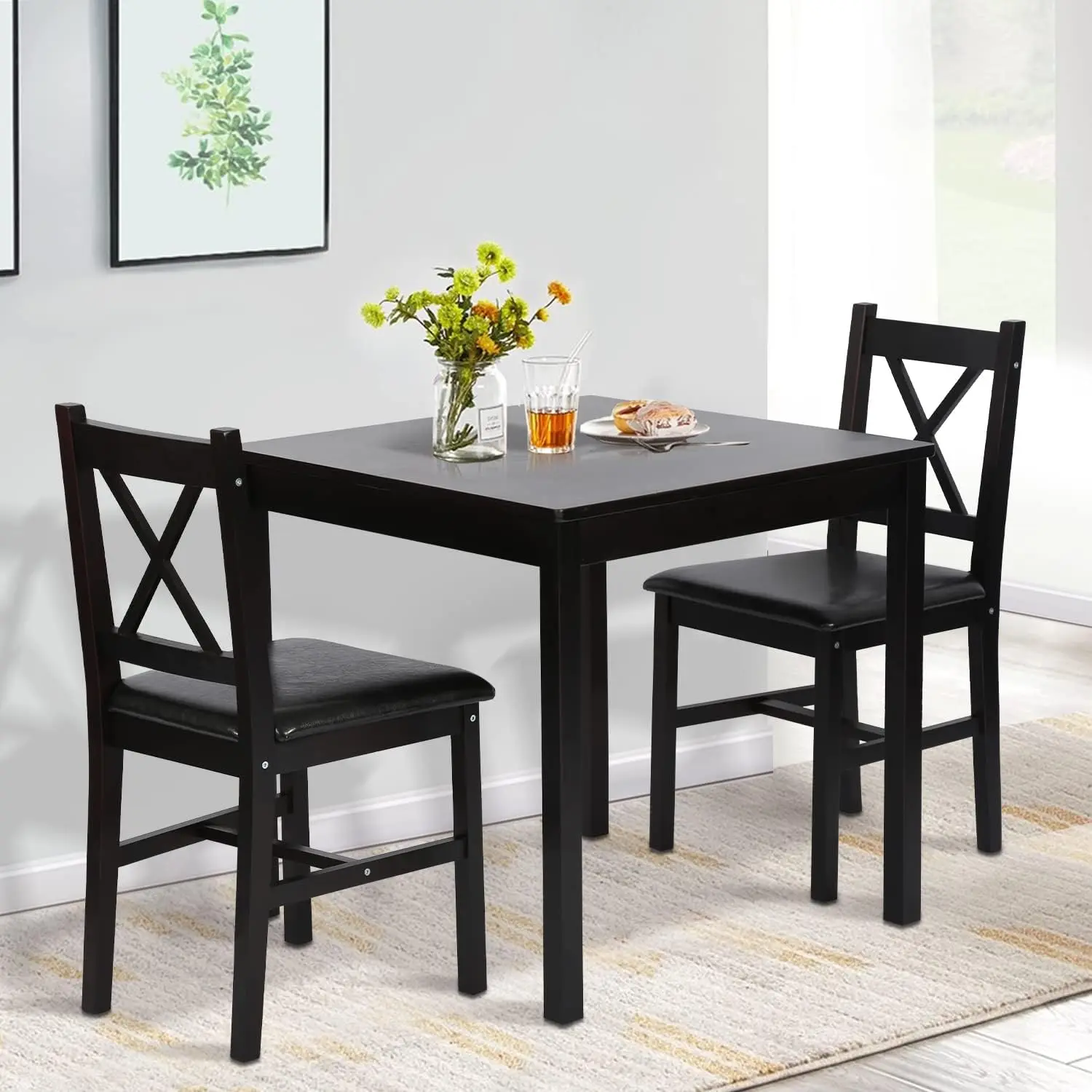 Kitchen Table Set For 2, 3 Piece Wooden Dining Table Set With 2 Chairs For Small Space, Modern Square Counter Height Small