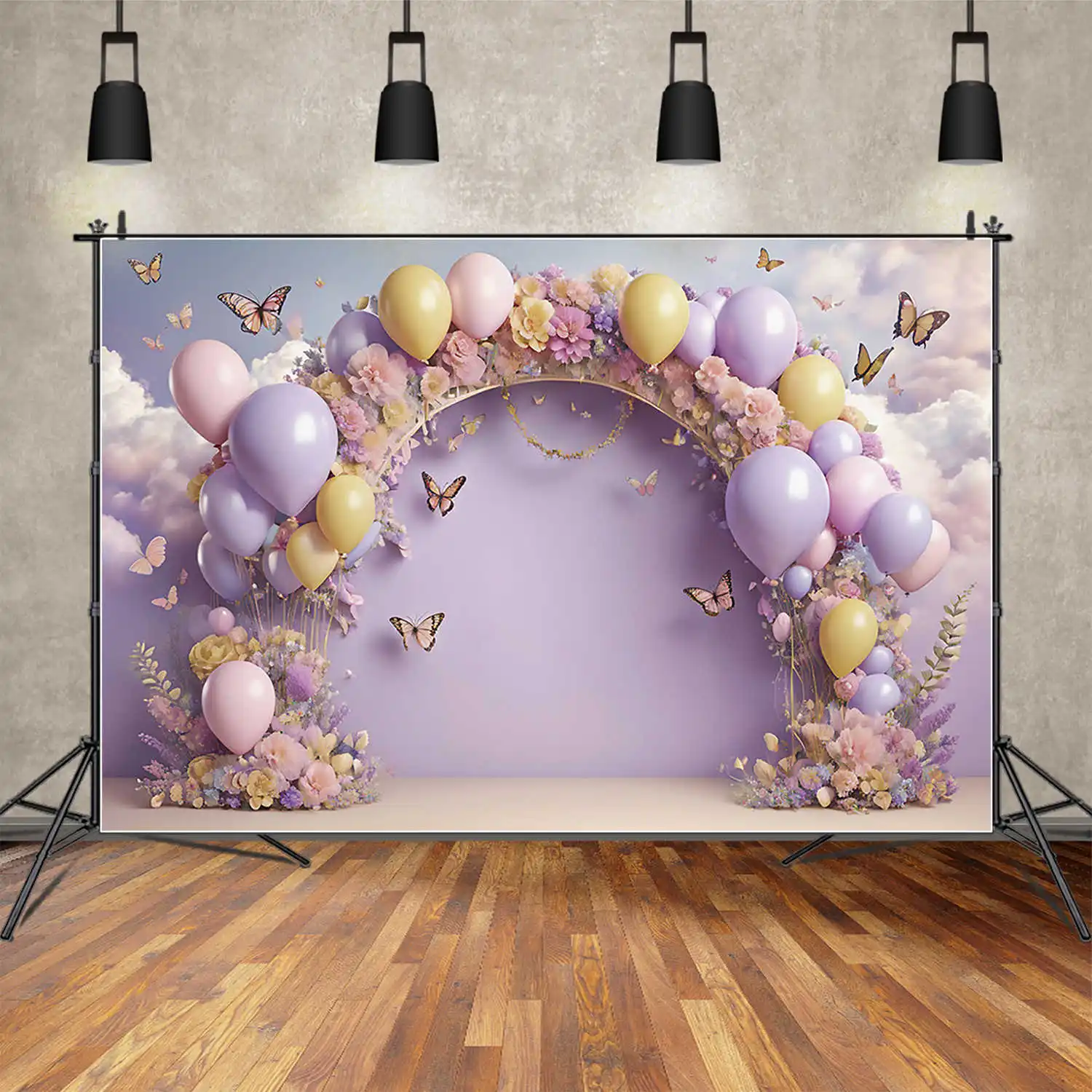 MOON.QG Hot Air Balloon Birthday Photo Studio Background Floral Flower Arch Backdrop for Photography Children Shooting Back Drop