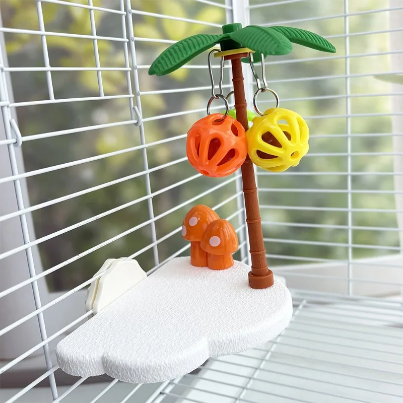 Tropische Vogel-Sitzstange mit Glockenball, interaktives Palmen-Spielzeug für Wellensittiche und Nymphensittiche, zur Beschäftigung und Langeweile-Linderung, Käfigzubehör, Kauartikel – Detail 10