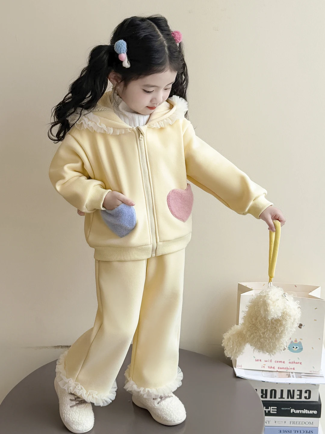 

Trendy Girls' Rabbit Ear Cardigan Sweatirt Fce Lined Pants Two Piece Set Lace Trim High Waist Long Sve Autumn Wear