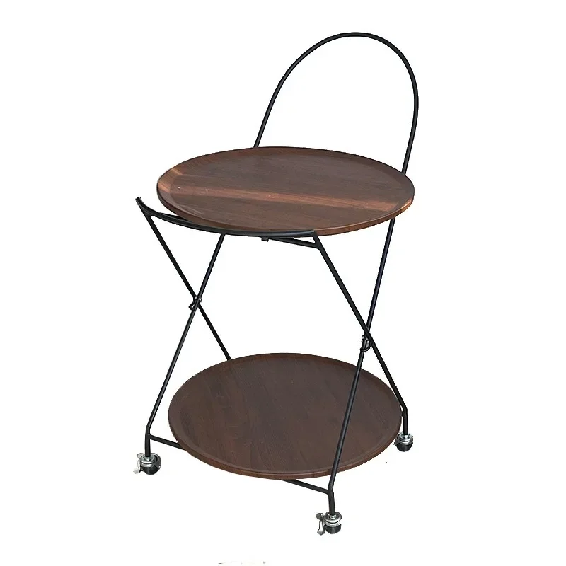 Medieval home storage shelves, living room sofa side, double-layer movable medieval wood tray trolley