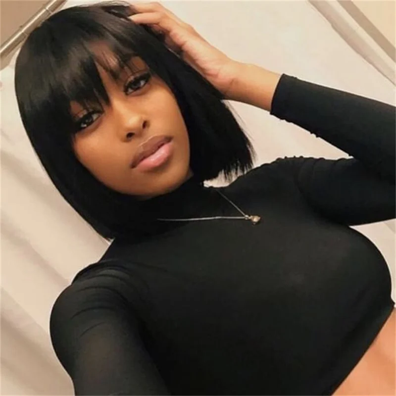 

HAIRTIME Short Bob with Bangs Glueless Wig Straight Human Hair Bob Wigs for Woman Black Color Human Hair Wig Brazilian Remy Hair