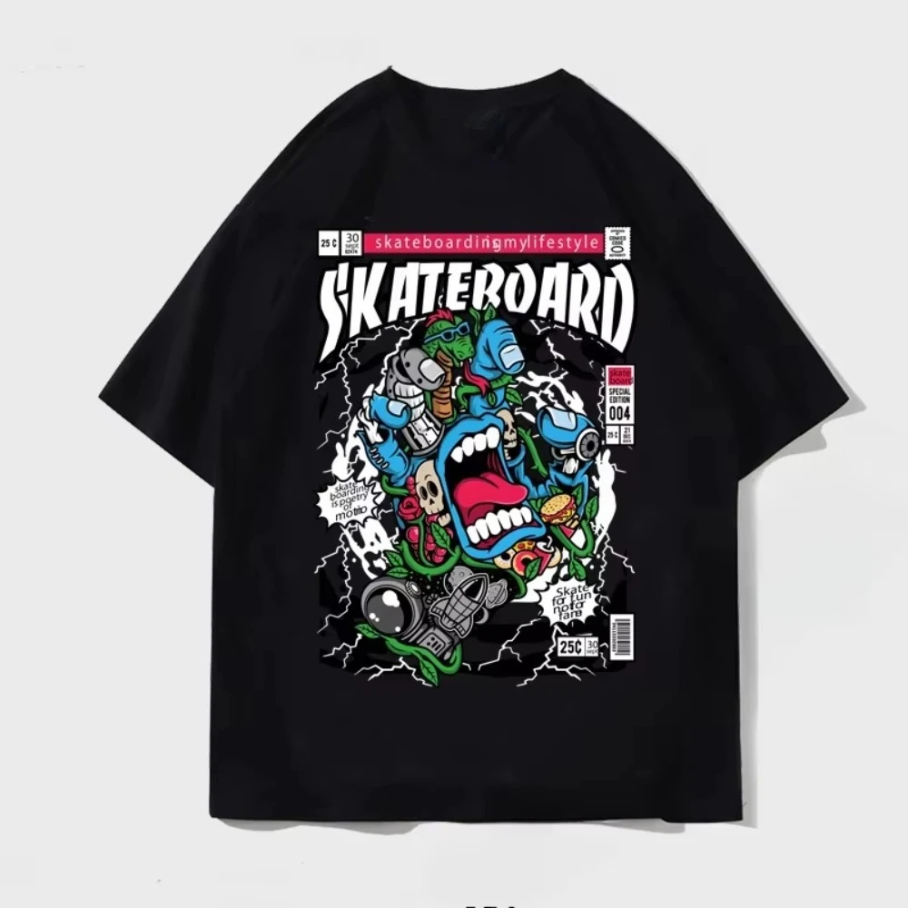 

European And American Trendy Brand Fun Graffiti Cartoon Printed Motorcycle T-Shirt Summer Casual Loose Men's And Women's T-Shirt