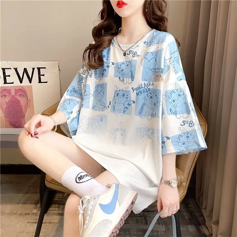 Women Summer Korean Fashion Loose Printing O-neck Short Sleeve T-Shirt Women Clothes Casual All-match Appear Thin Cartoon Tops