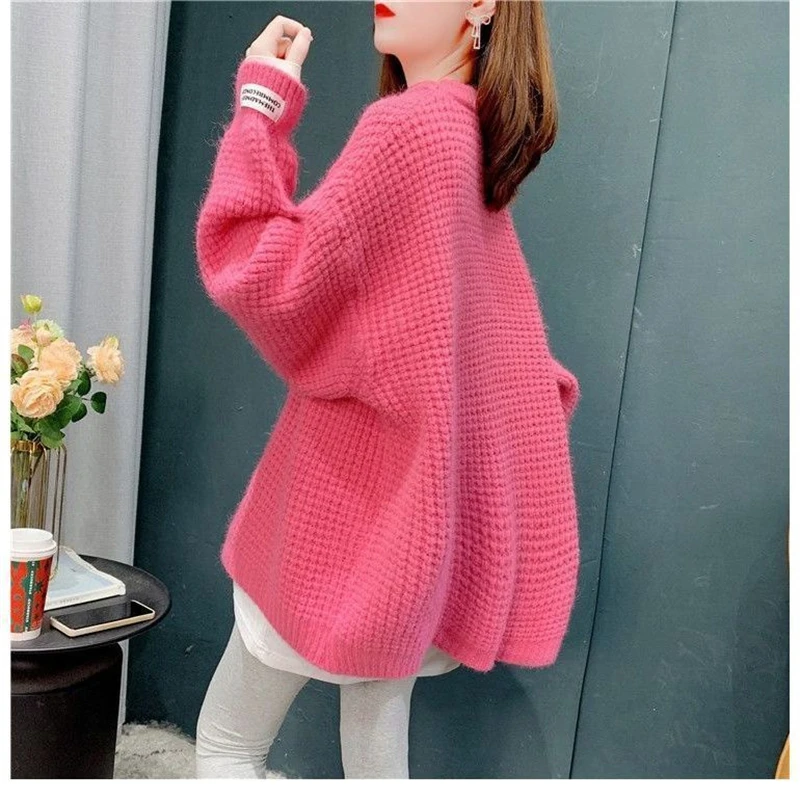 2023 Autumn and Winter Women Casual Streetwear Plush Warm Knitted Sweaters Solid O Neck Long Sleeve Oversized Pullovers Jumpers