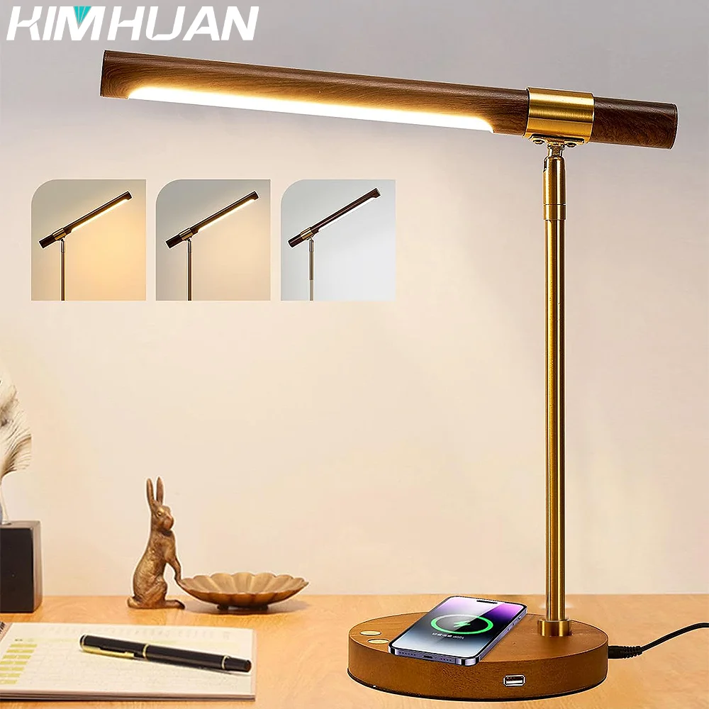 

New Chinese Luxury Foldable Wood Grain Study Reading Desk Light Bedroom Bedside Lamp Modern LED multifunctional Table lamp