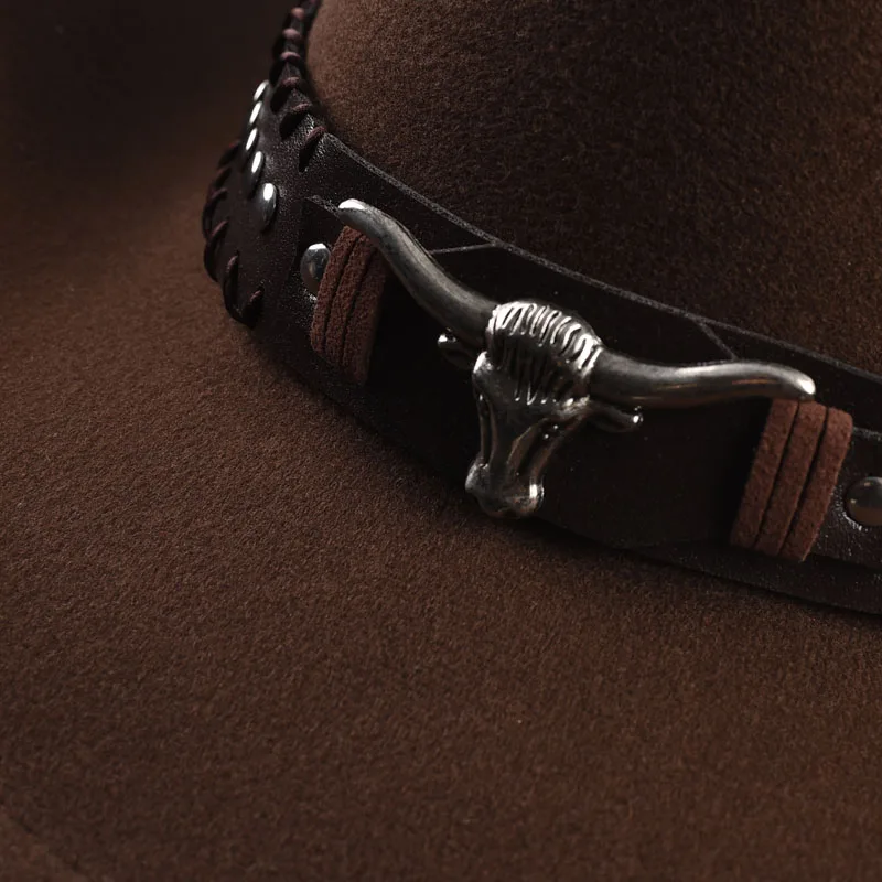 Retro Bull Ox Kopf Niet Leder Band Western Cowboy Hut Unisex Roll Up Krempe Cowgirl Jazz Hut Kirche Sombrero Hombre Caps – Detail 5