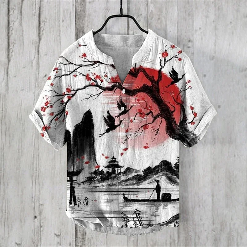 

Summer Print Mens Clothing 2024 Vintage Clothes Short Sleeve Henry Shirt Tops Casul Shirts Cardigan Men Clothes Offer Men's