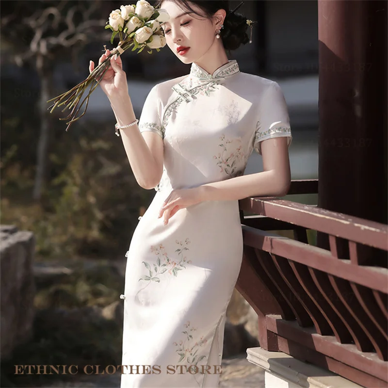 

Large Size 3XL Female Long Qipao New Chinese Style Dress Elegan Jacquard Print Flower Cheongsam Spring Summer Short Sleeve Dress